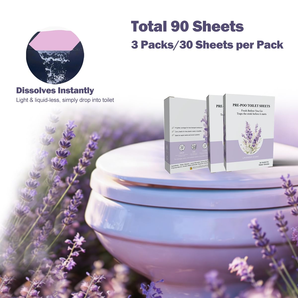 90 Dissolvable Pre-Poo Toilet Sheets Lavender Scent 3 Pack Odor Stopping Sheets Before You Go Toilet Spray Alternative Dissolvable Odor Blocking Travel Bathroom Essentials Also for Floor Cleaning image 2