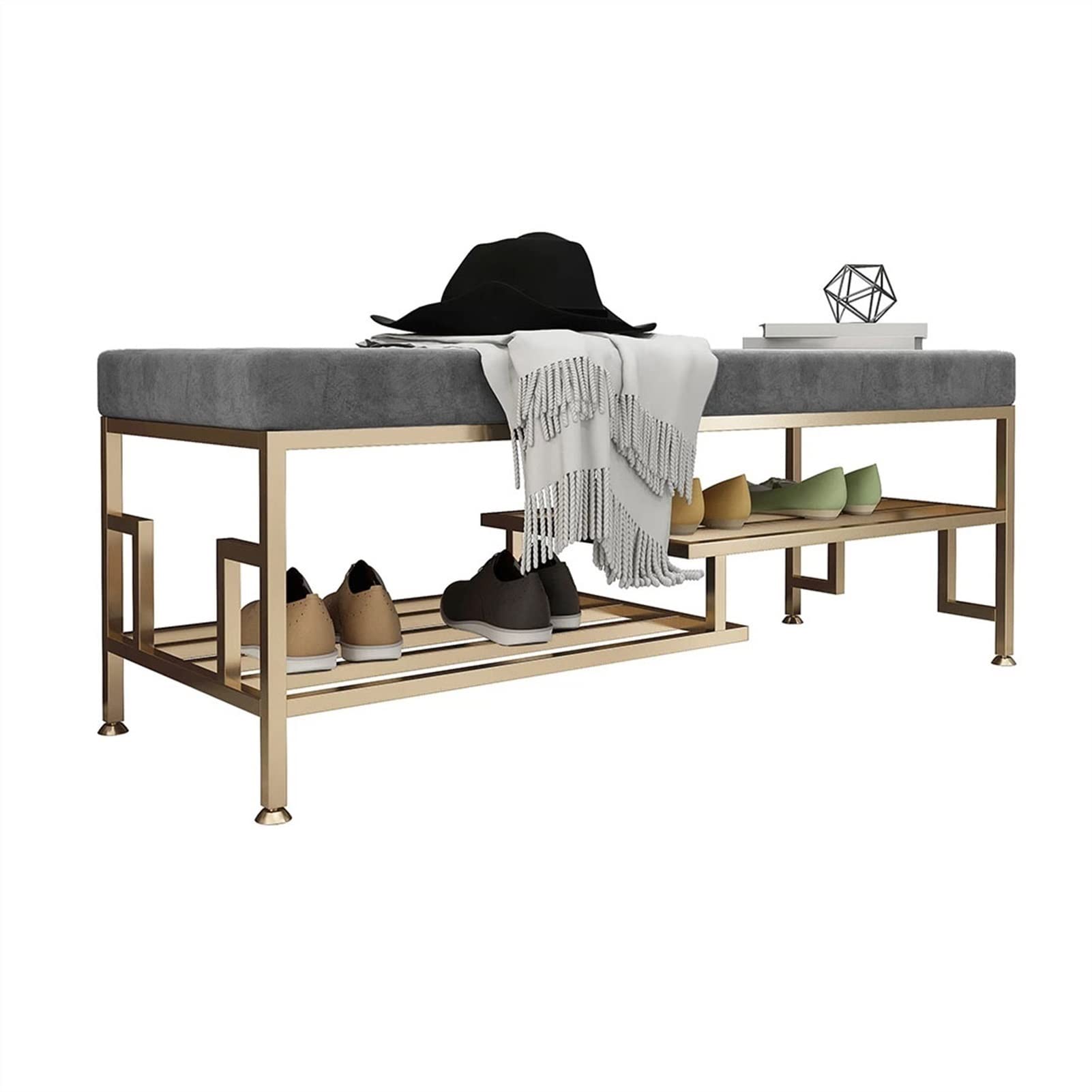 Banc à chaussures en métal avec coussin et étagère de rangement 2 niveaux