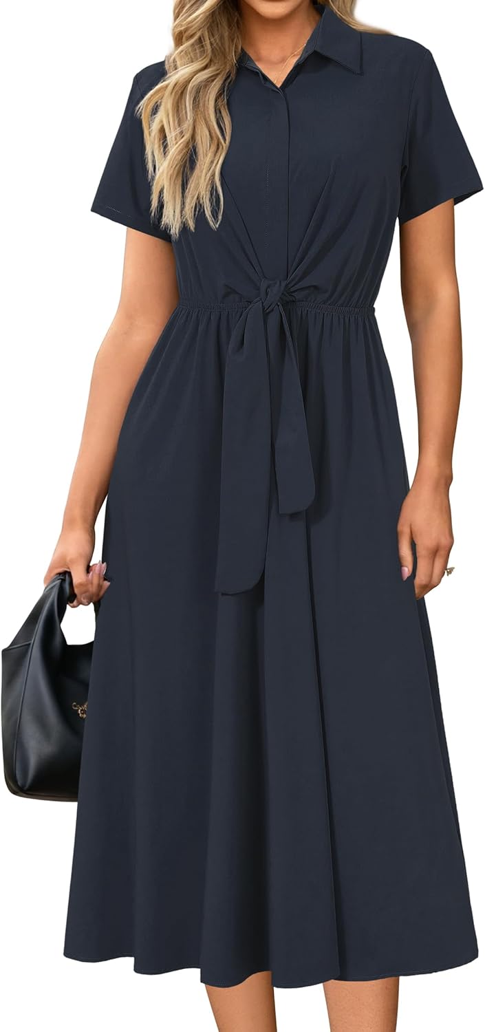 Newshows Womens Wear to Work Teacher Business Casual Outfits Long Dresses Tie Waist Shirt Dress Attire with Pockets