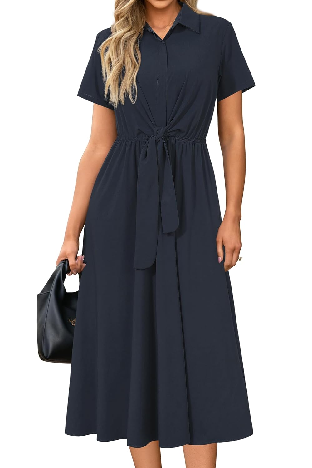 Newshows Womens Wear to Work Teacher Business Casual Outfits Long Dresses Tie Waist Shirt Dress Attire with Pockets