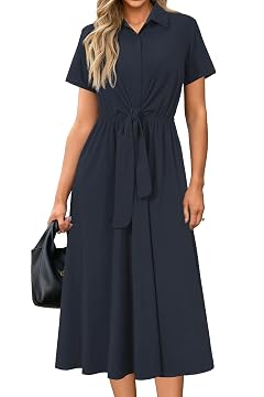 Newshows Womens Wear to Work Teacher Business Casual Outfits Long Dresses Tie Waist Shirt Dress Attire with Pockets