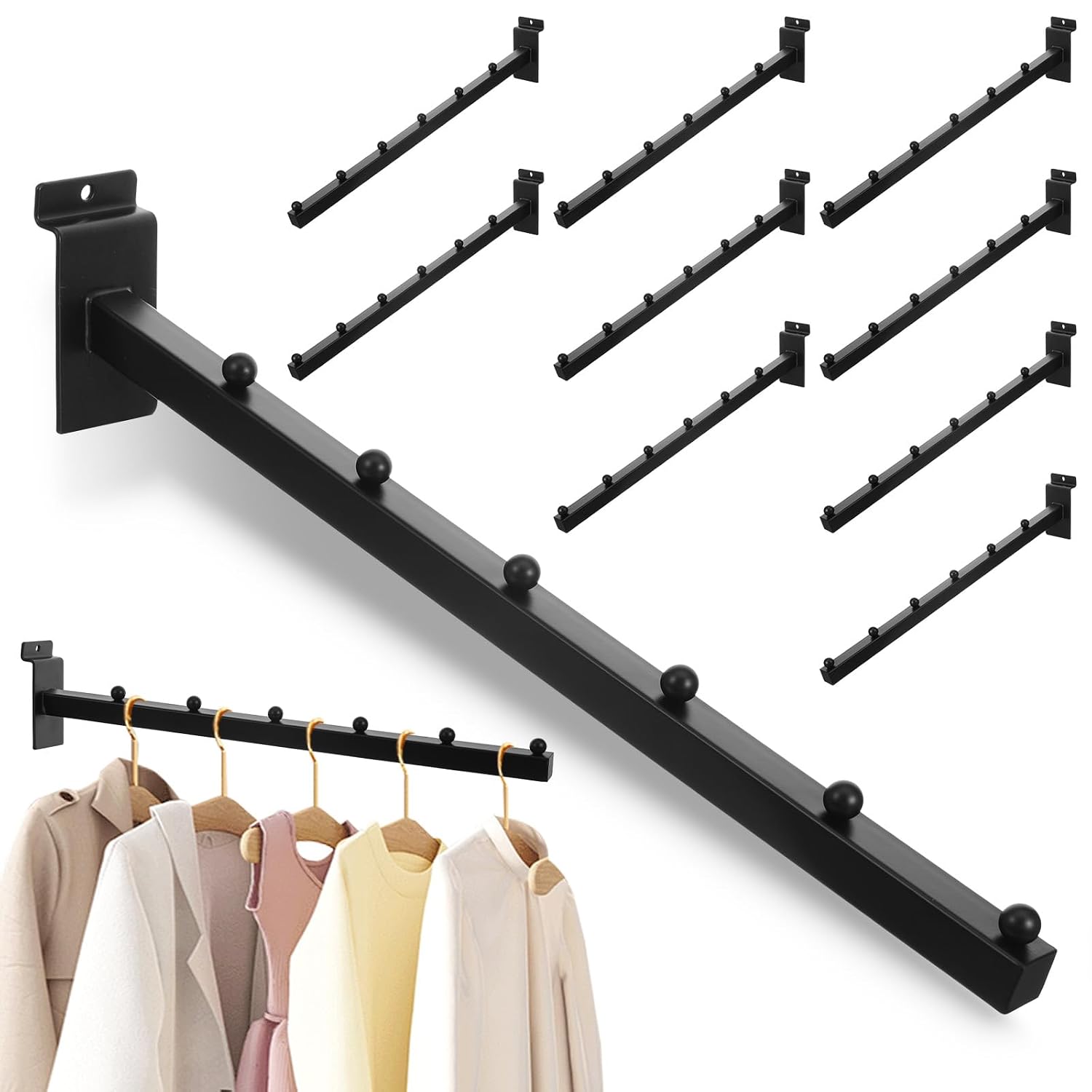 10 Pack Waterfall Slatwall Display Hooks with 6 Balls, 12 Inch Heavy Duty Tube Slat Wall Hanger Slatwall Accessories Slat Wall Hooks and Hangers for Clothing Retail Garage Shop Display (Black)