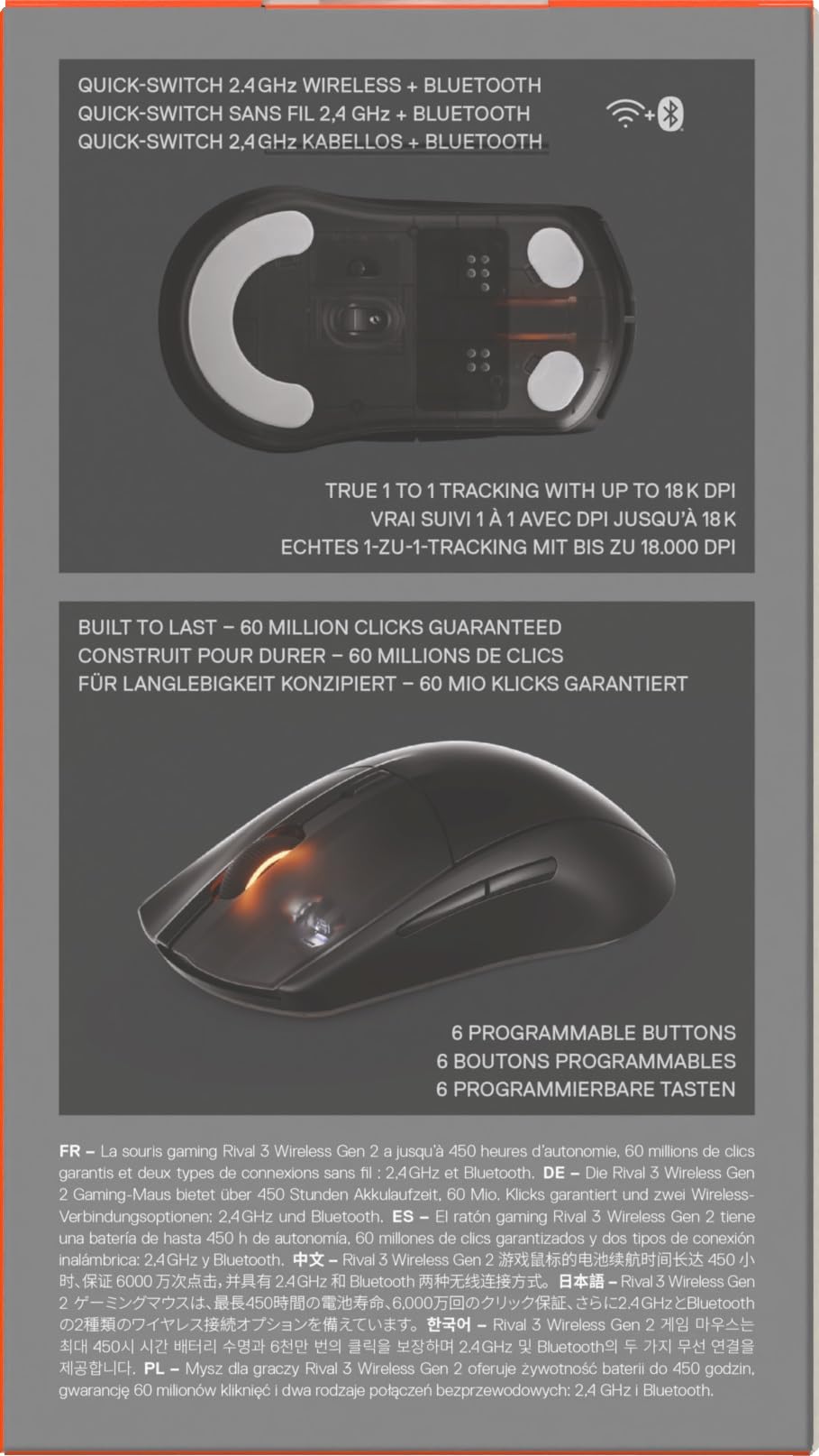 SteelSeries Rival 3 Wireless Gen 2 Gaming-Maus – 2,4 GHz Bluetooth – 18.000 DPI TrueMove Air-Optiksensor – 60 Mio. Klicks – PTFE-Gleitfüße – Schwarz