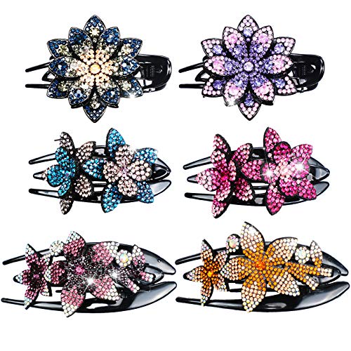 6 Pieces Rhinestone Double Flower Hair Clips Non-slip Comb Rhinestone Hairpins Pearls Design Women Hair Dovetail Clips Rhinestone Floral Hair Clips for Women Girls (Retro Color)