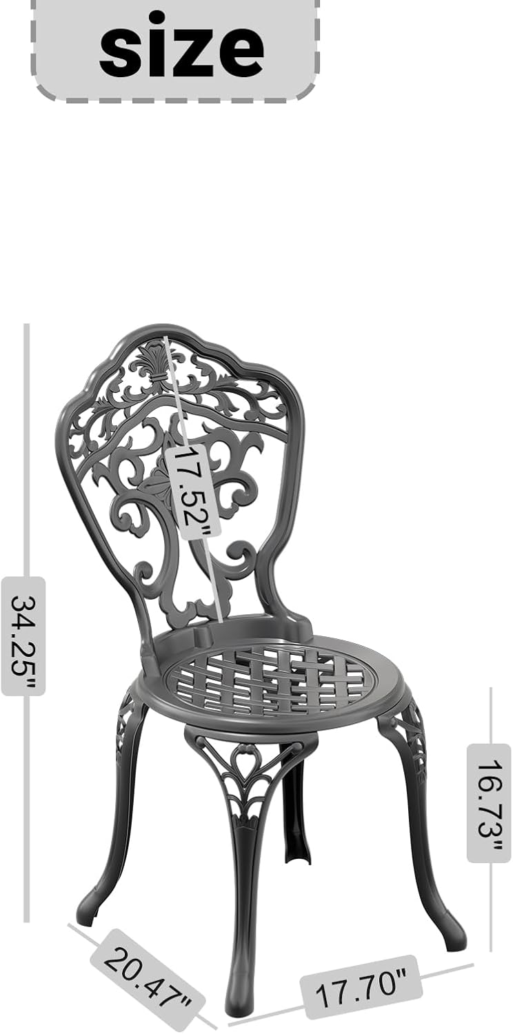 Cast Aluminum Patio Dining Chair 2PCS Set Black Outdoor Chairs Rust-Resistant Frame Weatherproof Armless Garden Bistro Chairs for Poolside Deck Backyard