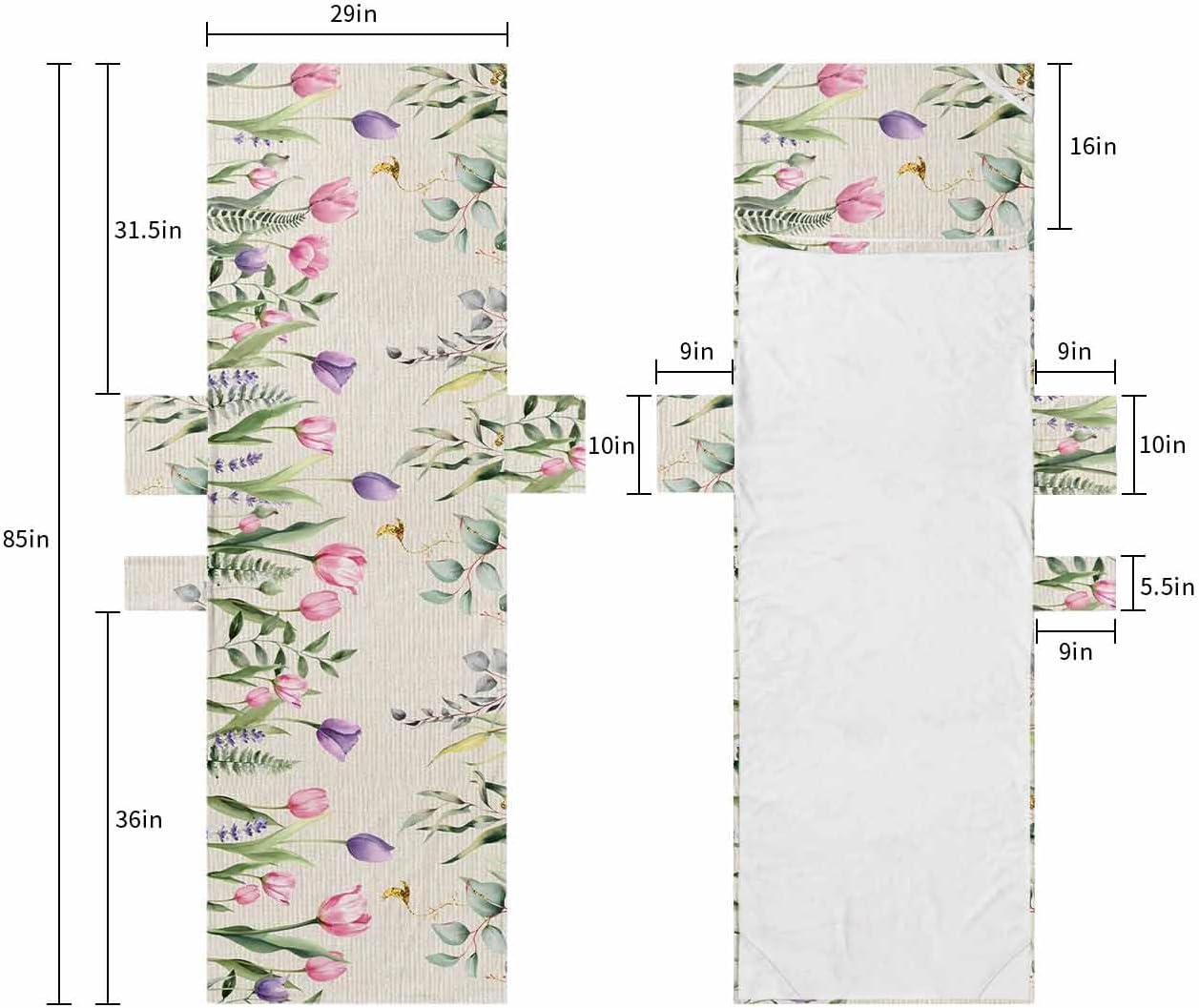 Eucalyptus Tulip Beach Pool Patio Lounge Chaise Chair Cover Towel With Pockets,Absorbent & Quick Dry Microfiber Towel Cover Bag Summer Accessories for Sunbathing Retro Spring Summer Flower Plant