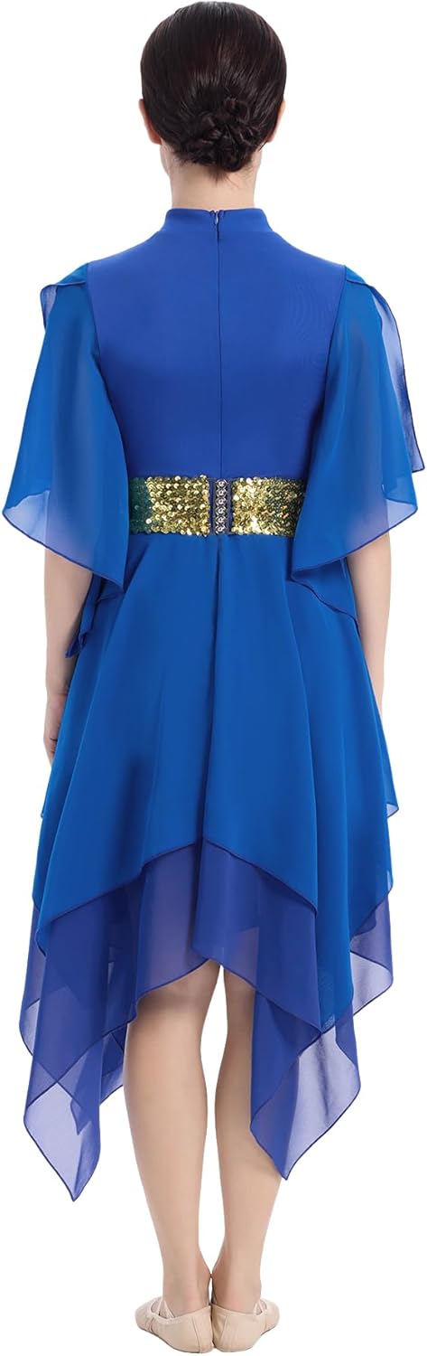 Praise Dance Dress Women Metallic Top Chiffon Cap Sleeve Flowy Skirt Worship Overlay and Tunic Liturgical Dancewear - Image 2