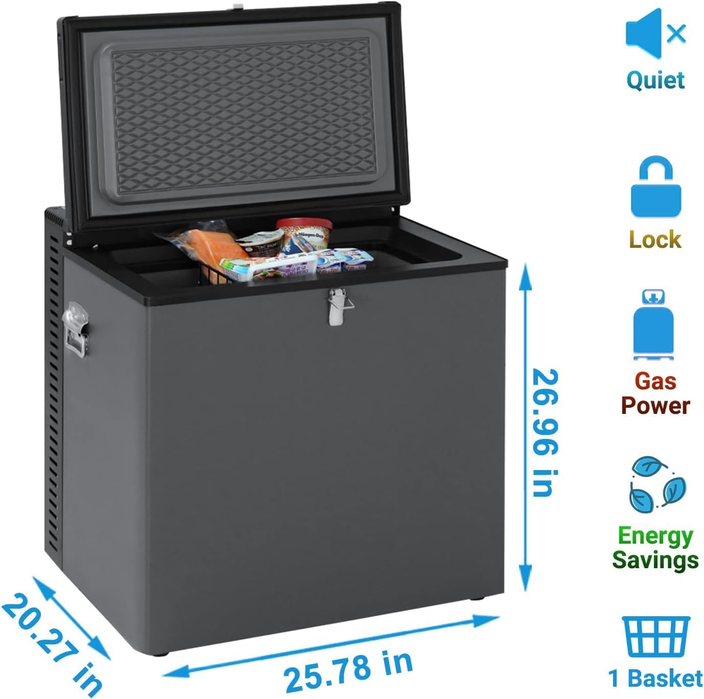 Propane Chest Freezer off grid 2.4 Cu.Ft. Compact Deep Freezer/Fridge with Lock 110V/12V/Gas Refrigerator 3 Way RV Chest Fridge for Camper Outdoor Black