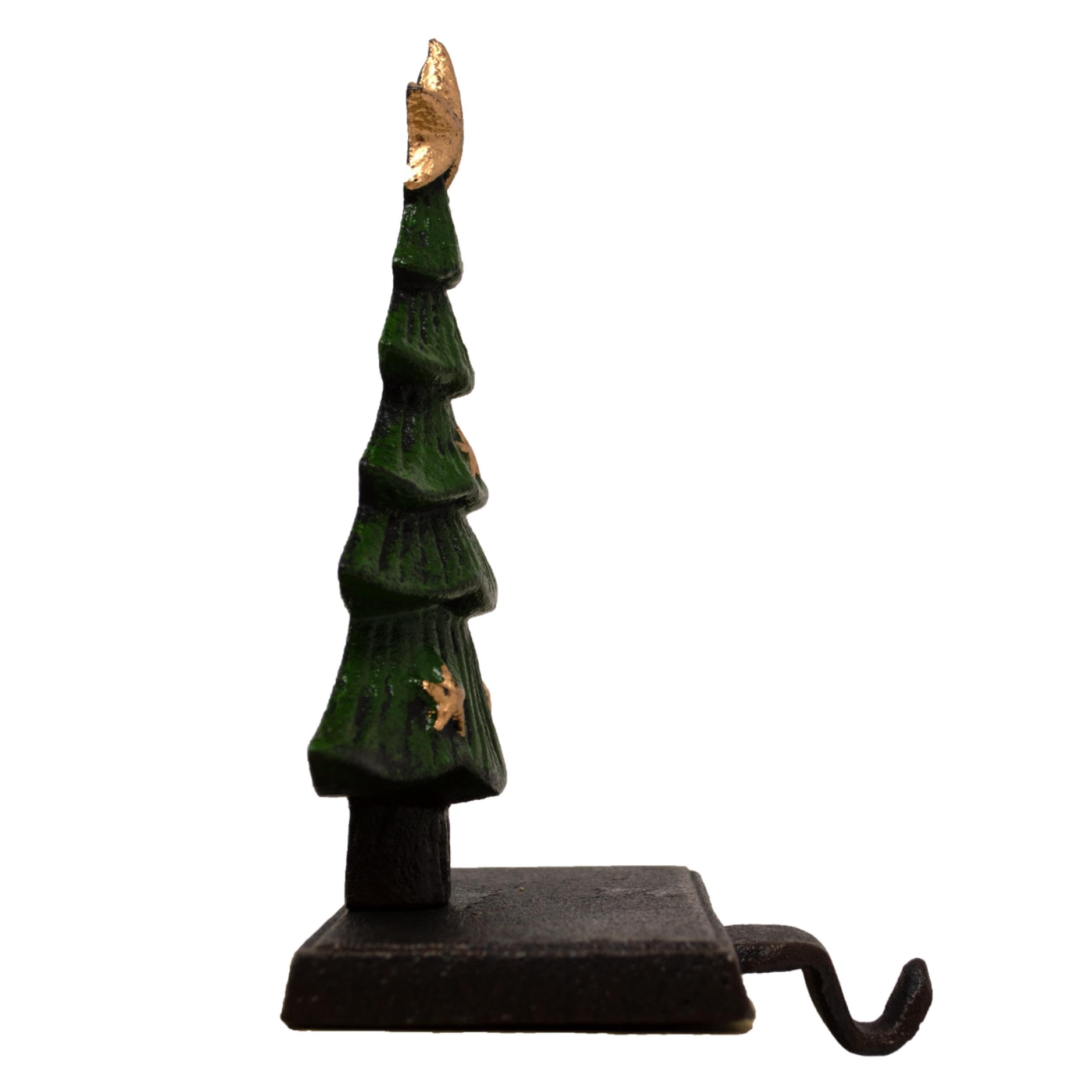 3D Christmas Tree Stocking Holder - Cast Iron Mantle Hook With Rubber Feet (Green & Gold)