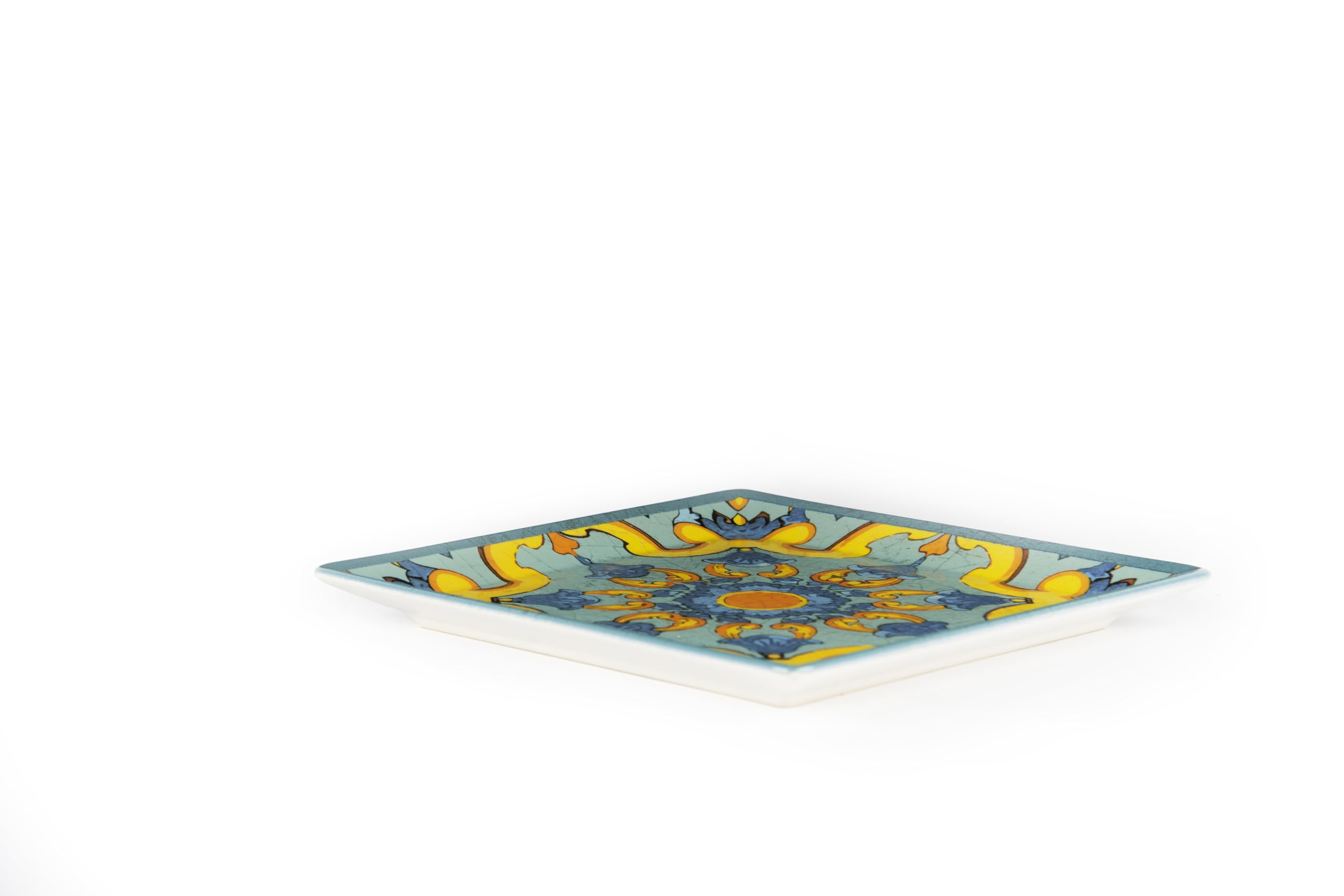Excelsa Trinacria Lot de 6 assiettes carrées en céramique, 18 cm, motif méditerranéen bleu et jaune