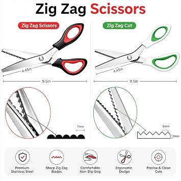 Pinking Shears Set 2 Pack, Scalloped and Zig Zag Fabric Scissors, 9.5 Inch