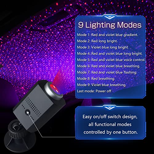 Usb Star Projector Night Light, 3 Colors 9 Lighting Modes, Portable Adjustable Romantic Car Interior Lights, Usb Car Roof Light Decor For Bedroom Party Ceiling (Blue&Red) #TOP2