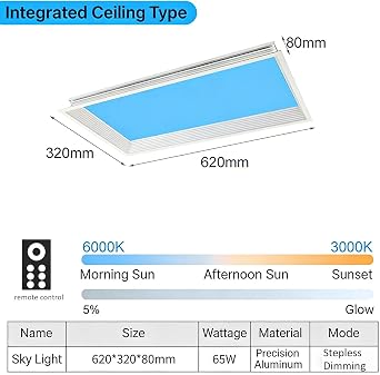 Smart Blue Sky Ceiling Light, Recessed LED Skylight Ceiling Lamps with Remote Control, Adjustable Color Temperature, Aluminum Alloy, Natural Light Effect, for Living Room, Office(300x600mm) [Energy Class A+]
