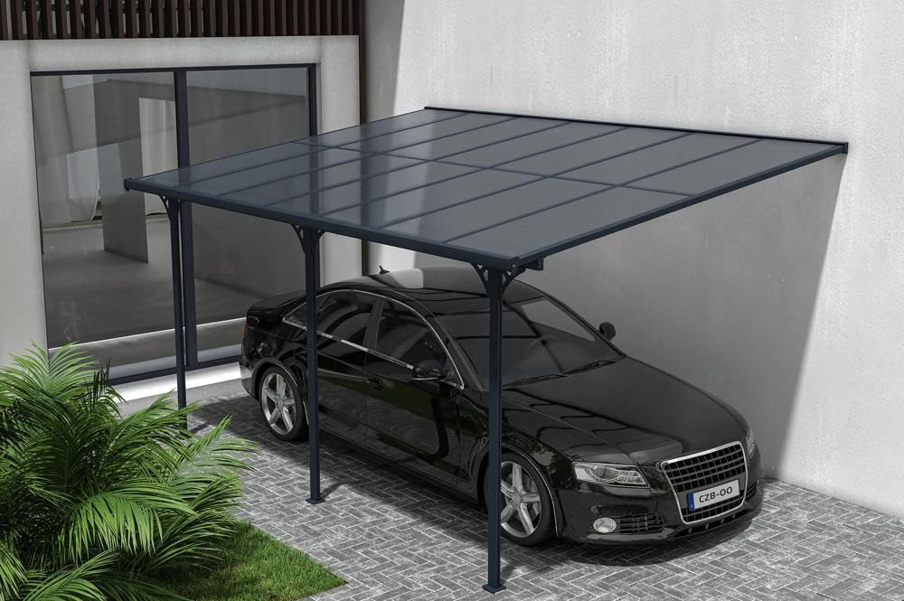CAZEBOO Carport Pergola Adossée Aluminium KLEO 435x300 cm 4,5x3 m 14 m² Gris Anthracite Design Moderne Protection Terrasse Véhicule Résistant Anti-UV Réglable Haute Qualité Toit Polycarbonate UV30+