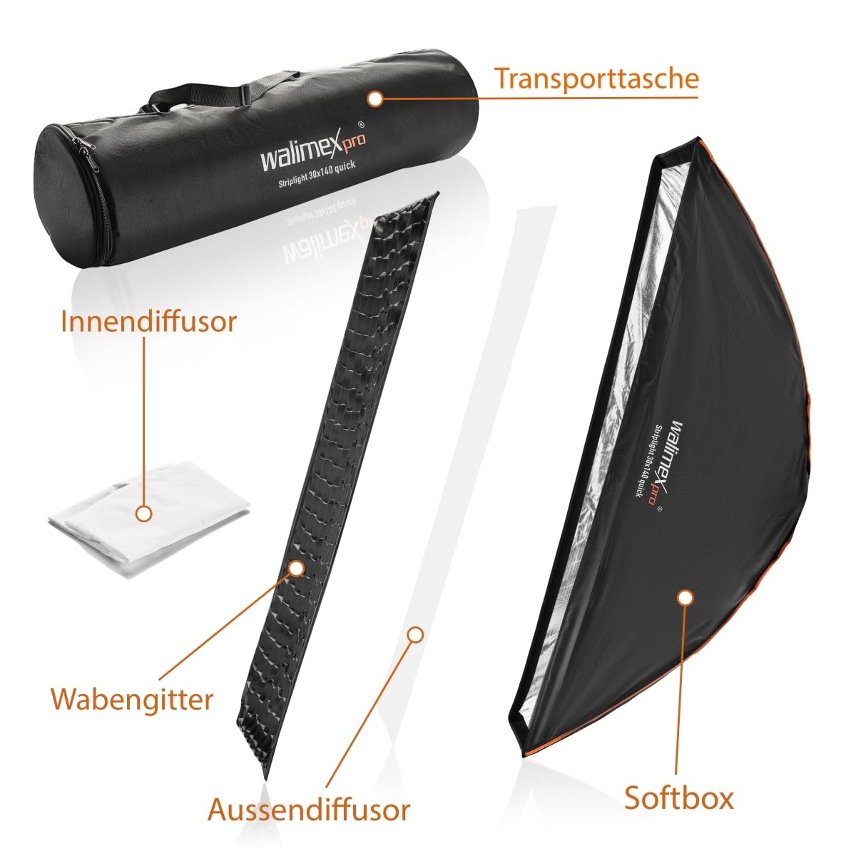 Walimex Pro Striplight SB QA 30x140cm – Softbox Pieghevole Con Griglia E Diffusori Per Bowens