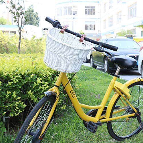 MEIEM Front Handlebar Wicker Bike Basket Cargo Leather Straps (White) - Thumbnail 3