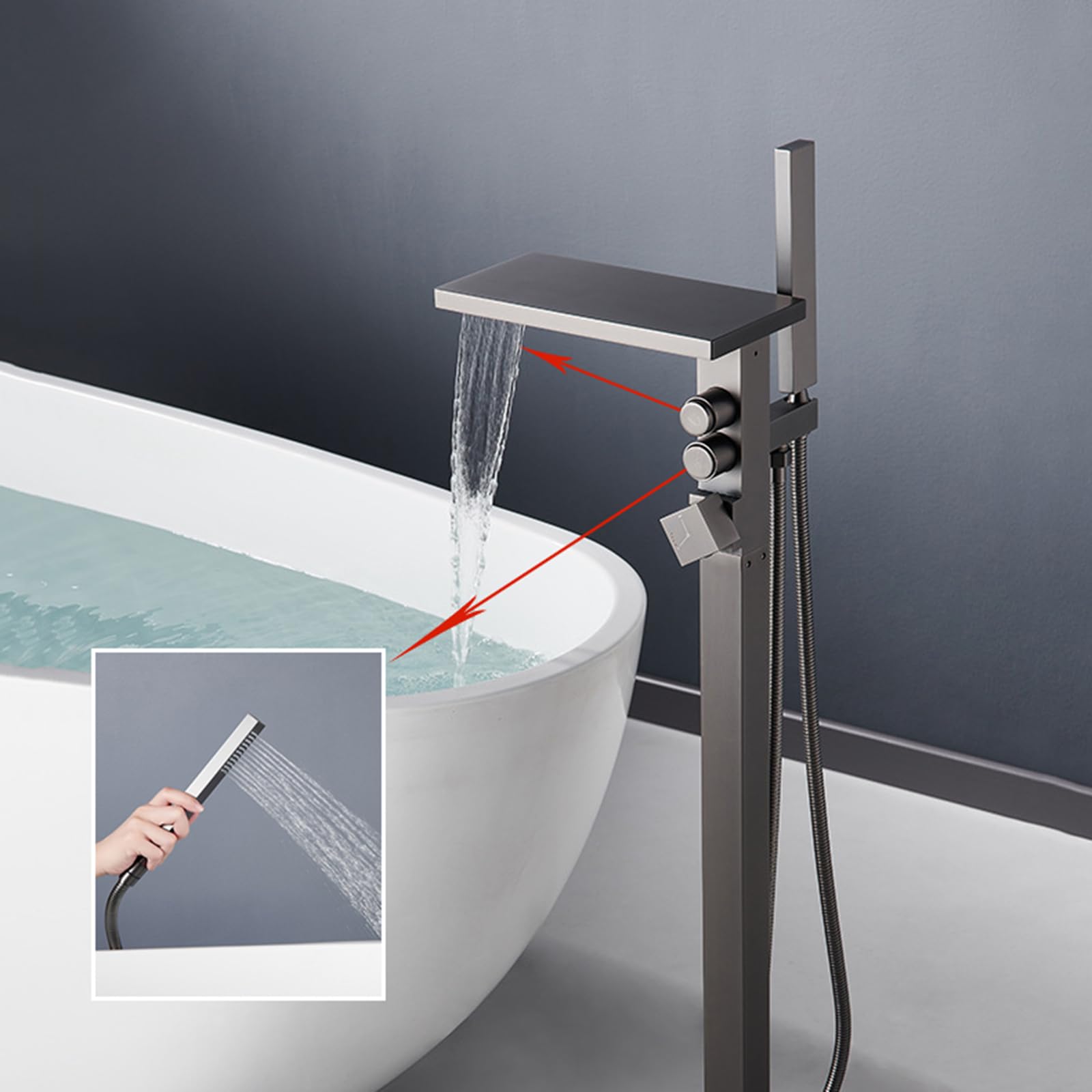 BiaoTeng Grifo Bañera Independiente con Cascada Gris Laton
