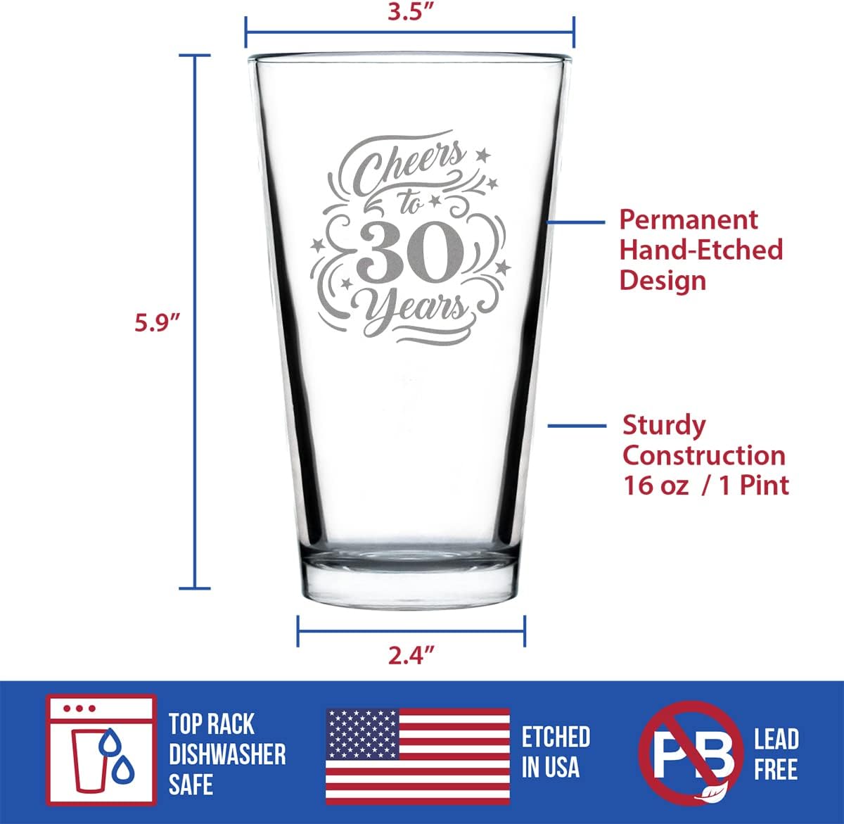 Bevvee Cheers to 30 Years - Pint Glass for Beer - Gifts for Women & Men - 30th Anniversary Party Decor - 16 Oz Glasses - Image 5