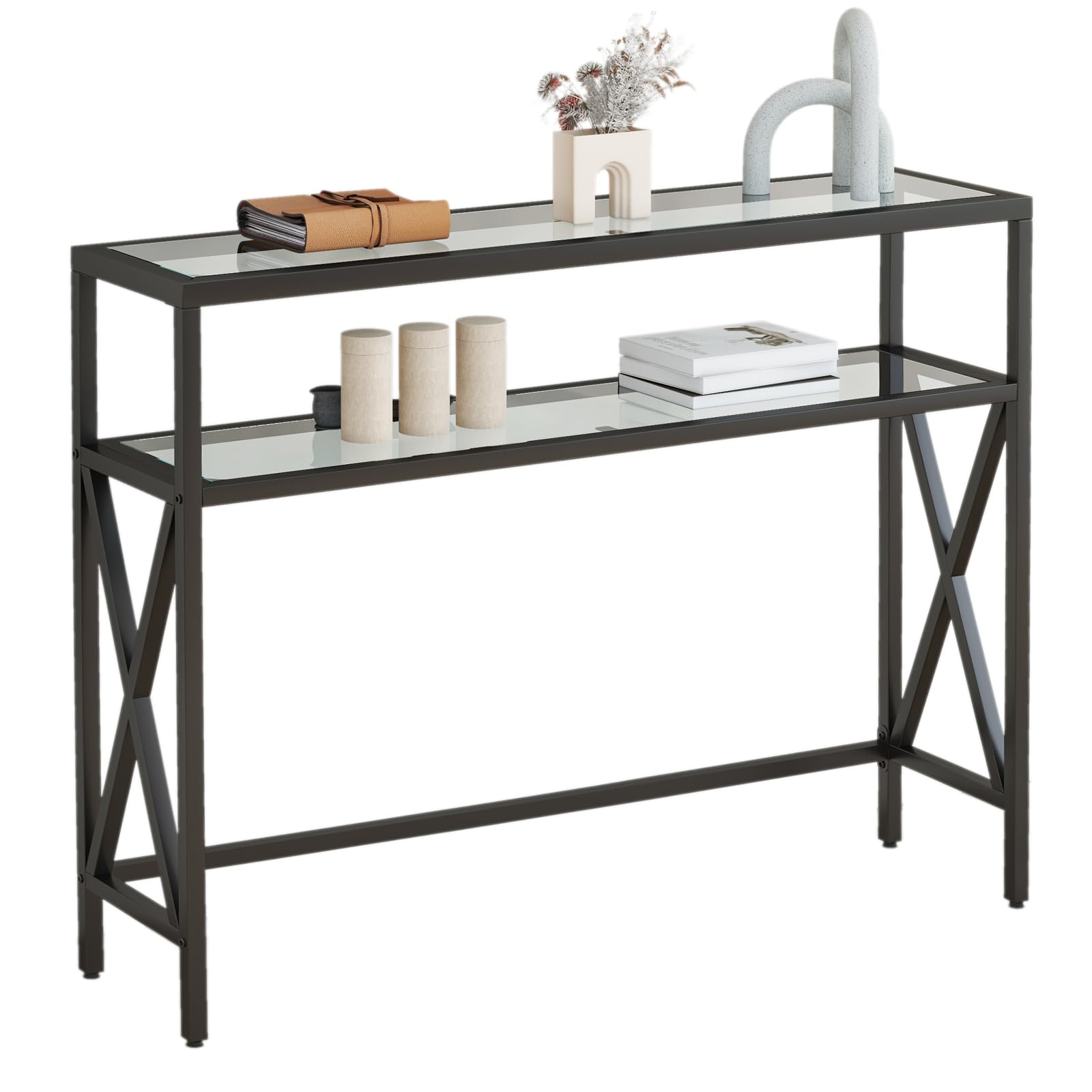 YMYNY Console Table, Tempered Glass Sofa Table, Industrial Entryway for Hallway, Narrow With Shelves, Compact Display for Small Spaces, 100×24.5×80.5CM Black HGD007B