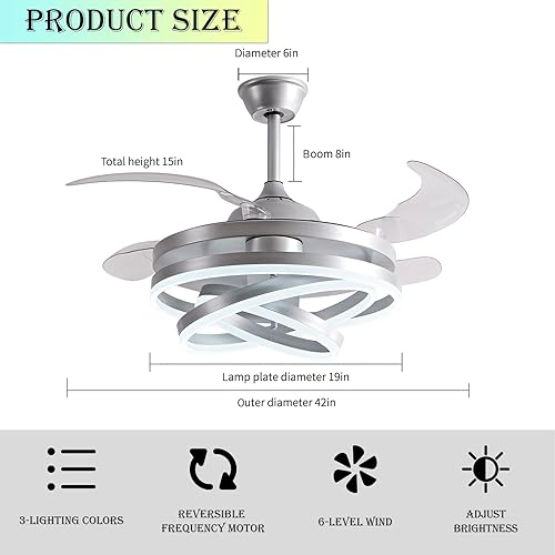 Miniatura 2 de Panghuhu88 Lámpara de araña invisible para ventilador de techo de 42 pulgadas, moderna lámpara de ventilador de techo con control remoto, 4 aspas