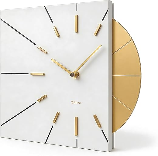 Driini Clocks Mid Century Modern Wall Clock - Square White Clock with Decorative Gold Accent- Unique and Cool Clock, Battery Operated - MCM Decor & Decorative Wall Clock for Mid Century Modern Decor.