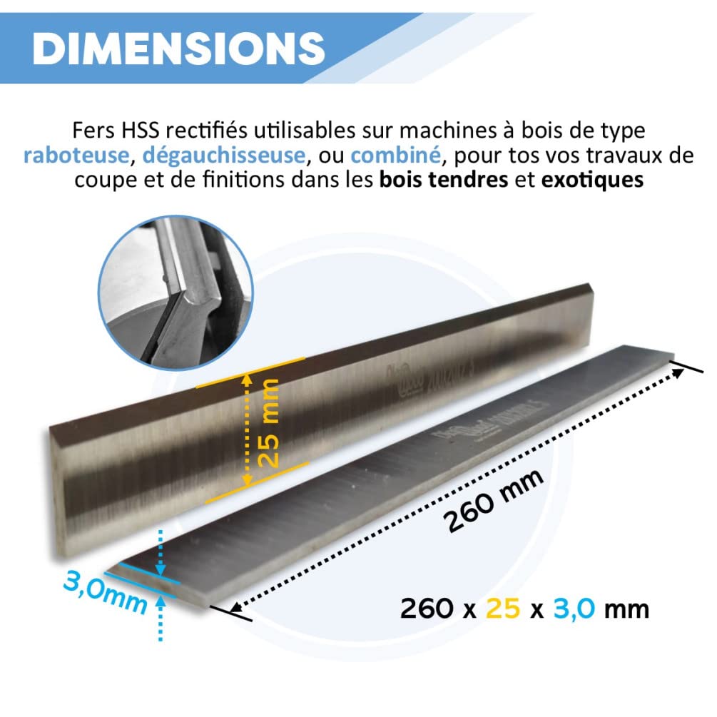 DIAMWOOD - 2 X Fers de Rechange pour Raboteuse ou Dégauchisseuse | Lames de Rabot Réaffutables | 260 x 25 x 3 mm | Outil de Travail du Bois Dur ou Bois Tendre | Acier HSS