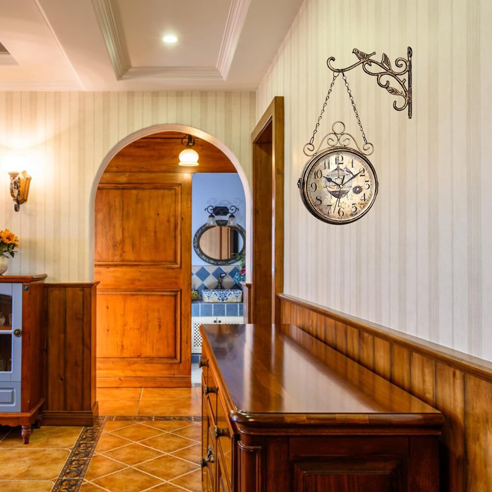 Uposao Orologio da parete retrò a doppia faccia, orologio da parete in ferro con numero di 25 cm, a batteria, orologio della stazione di New York per interni ed esterni, giardino, cucina, cortile
