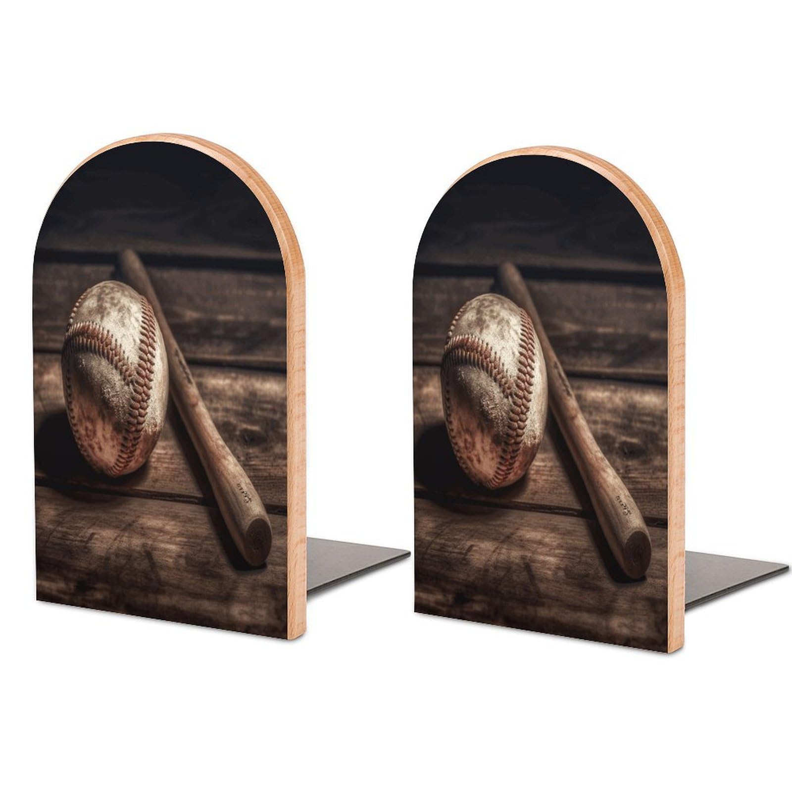 Baseball on Wooden Bookends for Shelves Non Skid Book Stoppers Universal Economy Bookend Heavy Duty Wood Book End Decorative Book Shelf Holder for Home Office Desk 1 Pair
