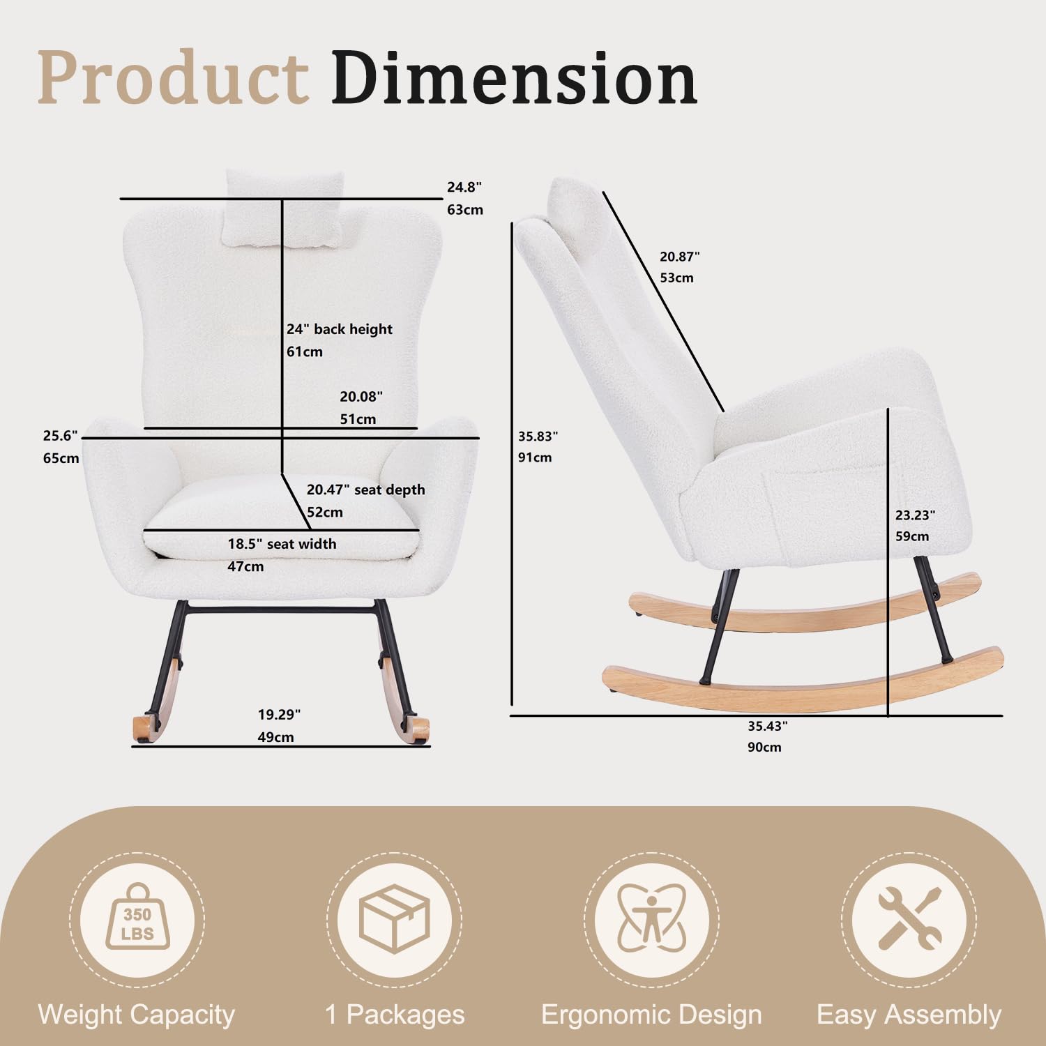 AnoYishev Rocking Chair Nursery with Headrest, Teddy Upholstered Glider Rocker with High Backrest & Side Pocket, Modern Rocking Chairs for Small Spaces, Living Room, Bedroom (White)