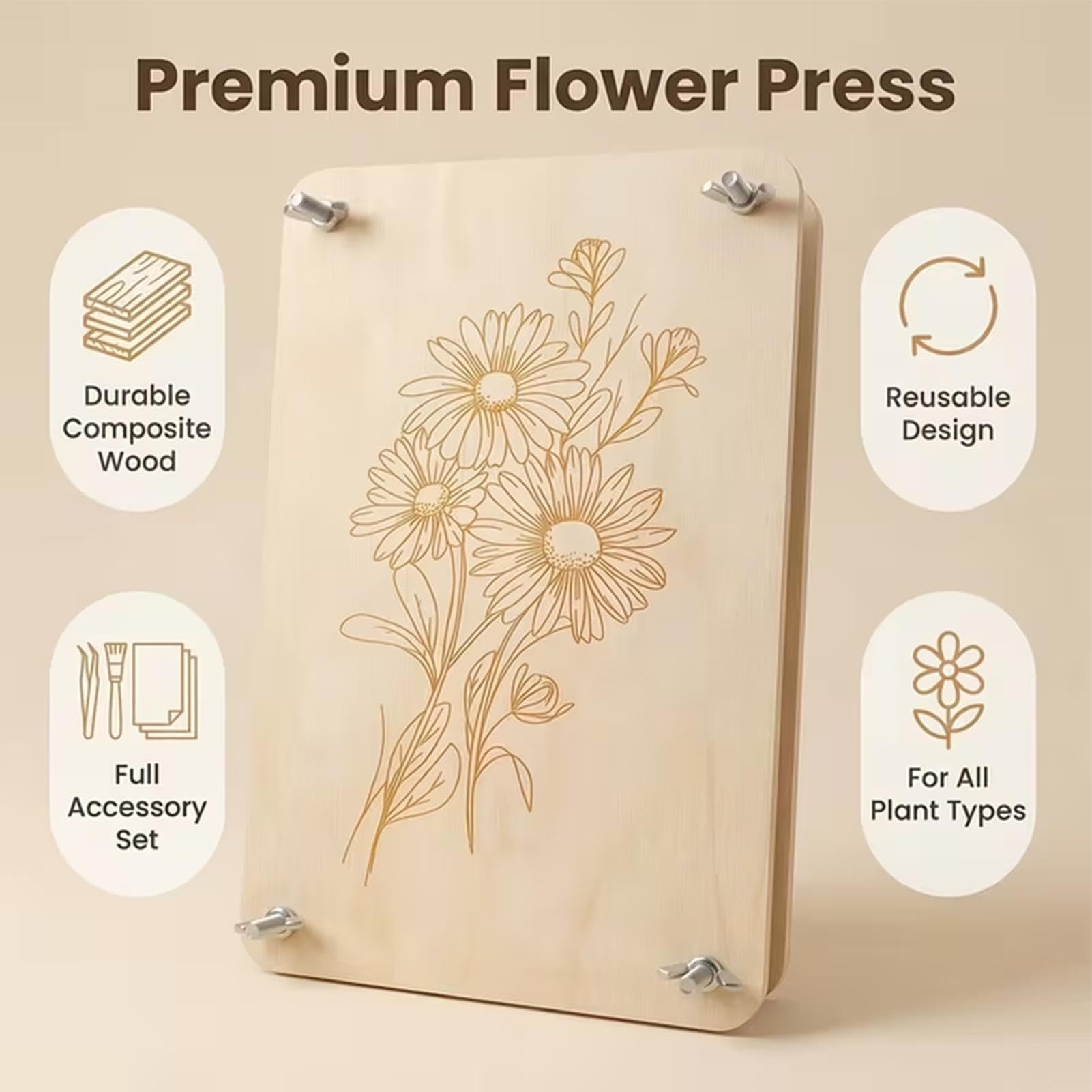 Kit de presse à fleurs professionnel - Outil de préservation de grand bouquet - 21 x 16 cm - Kit de fleurs pressées en bois pour scrapbooking - Presse à fleurs de jardin multicouche pour art extérieur