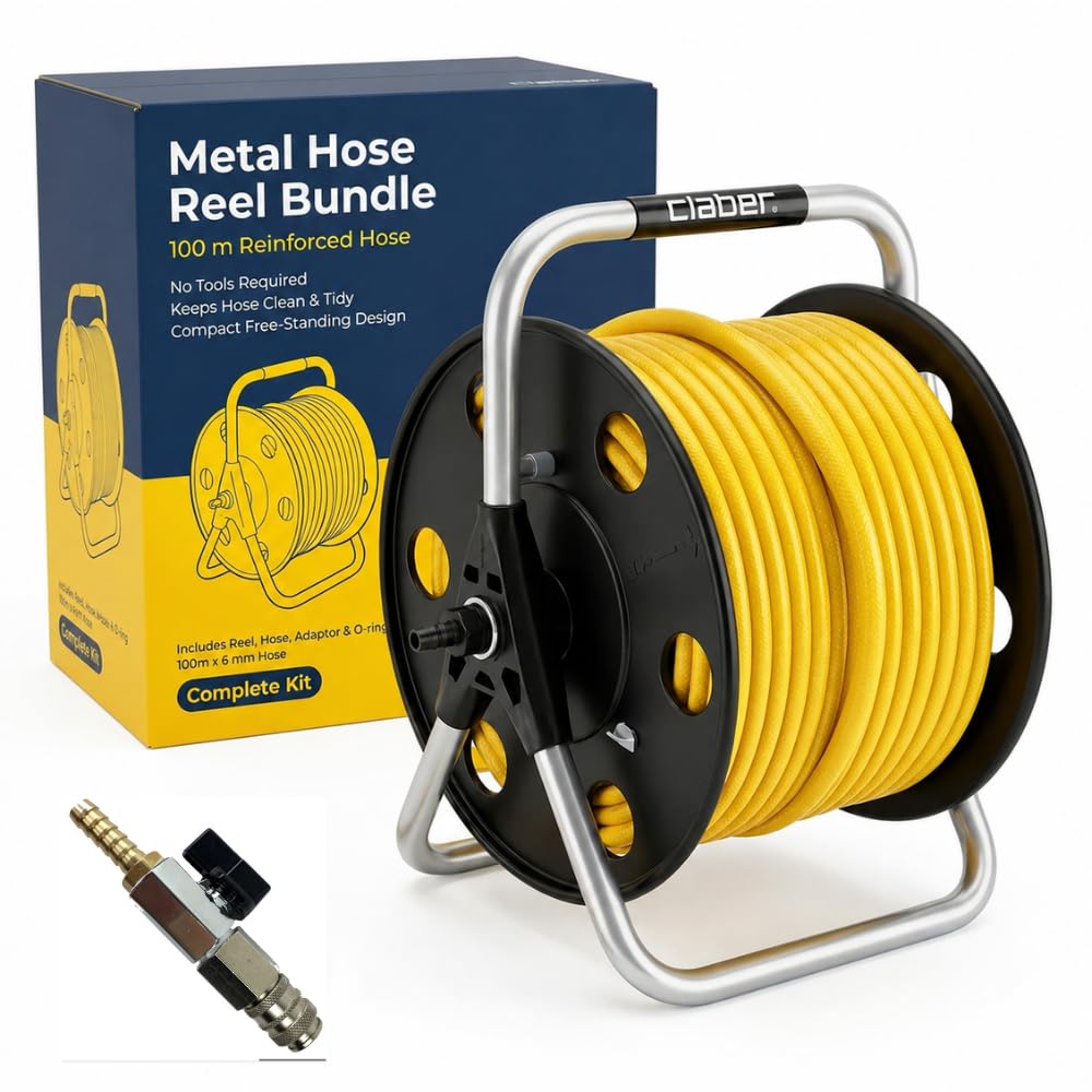 100m Window Cleaner Metal Hose Reel by Bayersan - Professional Quality 100m 6 mm Hose on High Quality Hose Reel - for Window Cleaners & Pole Systems (End Stop Tap Assembly for Minibore)