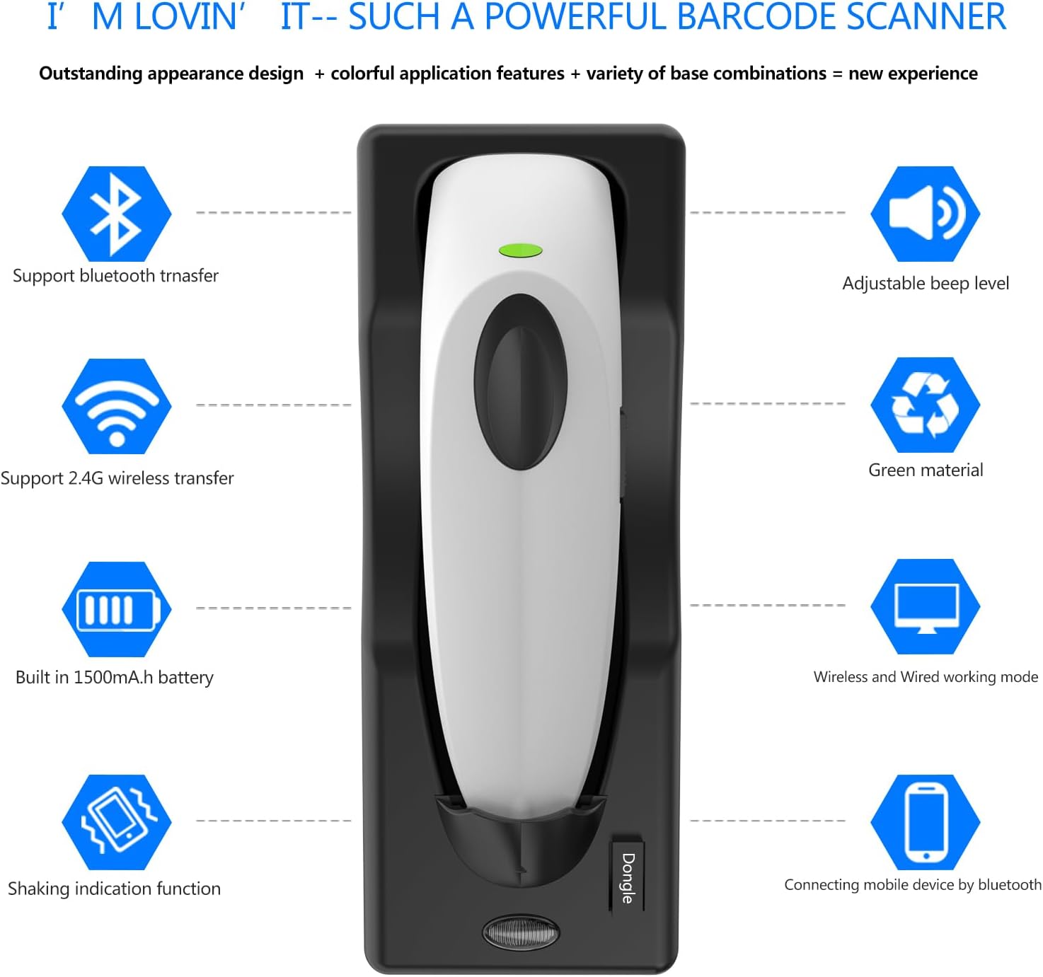 Bluetooth Wireless Handheld Barcode Scanner with Base 2.4G Wireless+USB Wired 1D 2D Barcode Scanner QR PDF417 Data Matrix UPC Rechargeable Bar Code Scanner for Laptops/PC/Android/Apple iOS