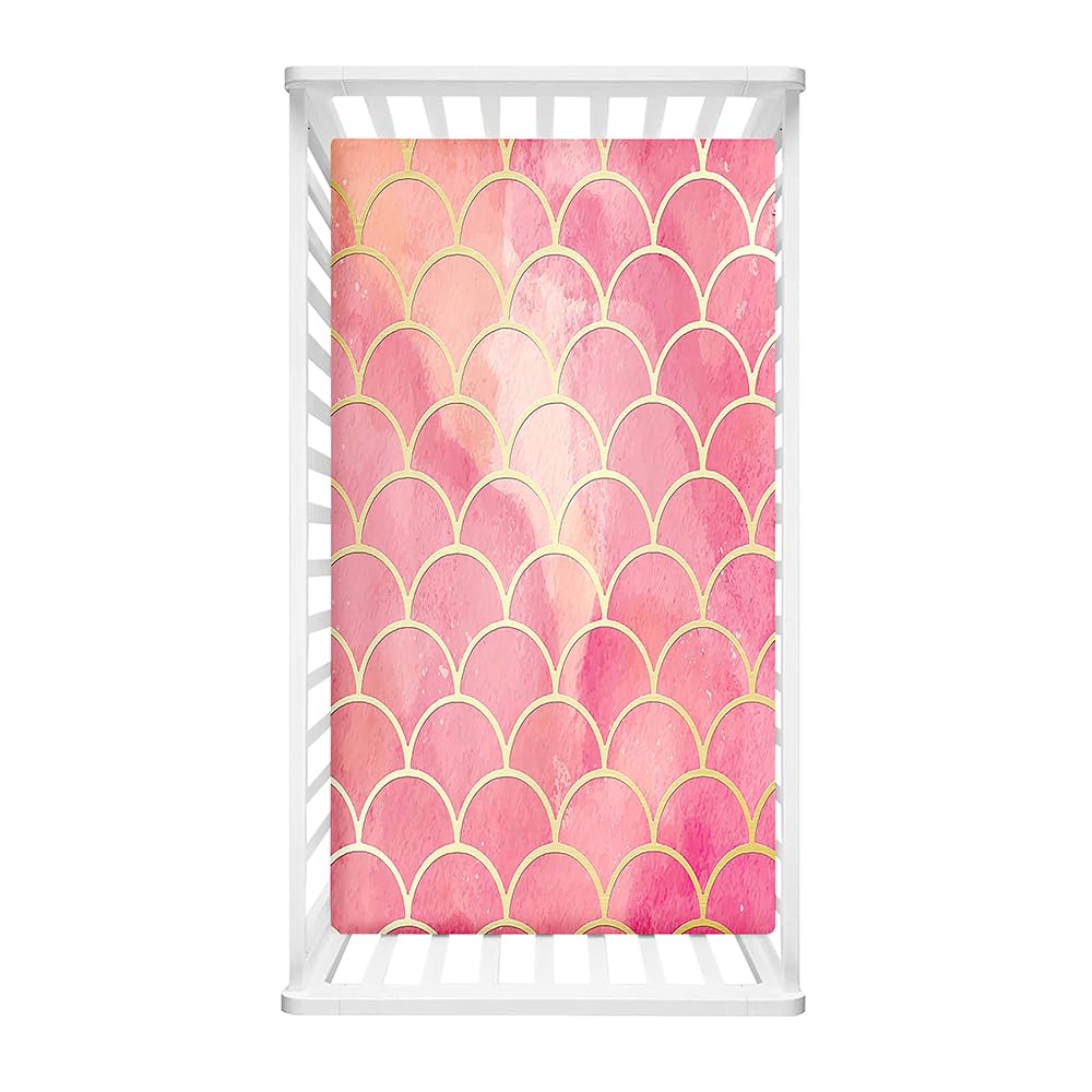 Odot Cot Bed Fitted Sheets Girls Travel Cot Sheets, Dreamy Mermaid Scales Print Microfiber Mattress Protector, Toddler Kids Cozy Bedding for Cradle, Cribs, Bassinet (Pink,80x160cm)