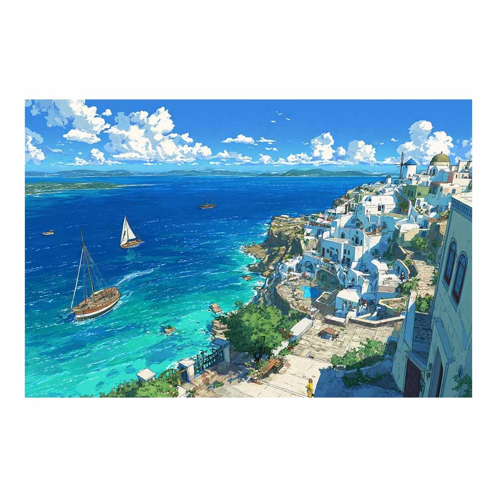 DMZPKZB Nature Canvas Wall Art Decor Santorini Coastsal SailBoats s Landscape Poster,For Office, Bedroom,Bathroom,Living Room,Corridor,Classroom,for Home Decoration(Multicolor)-60x90cm Unframed