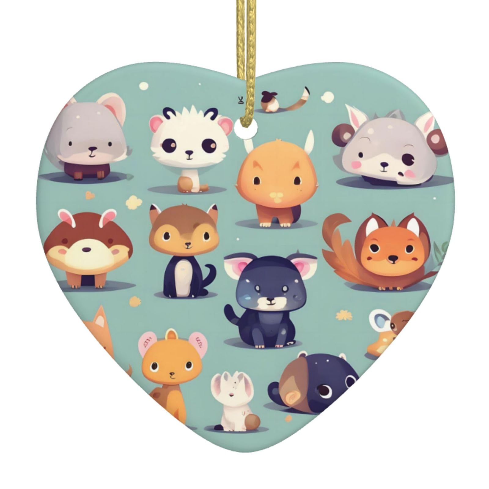 Cute Little Animals Ceramic Christmas Heart Pendant with Silk Thread, Christmas Tree Home Decoration
