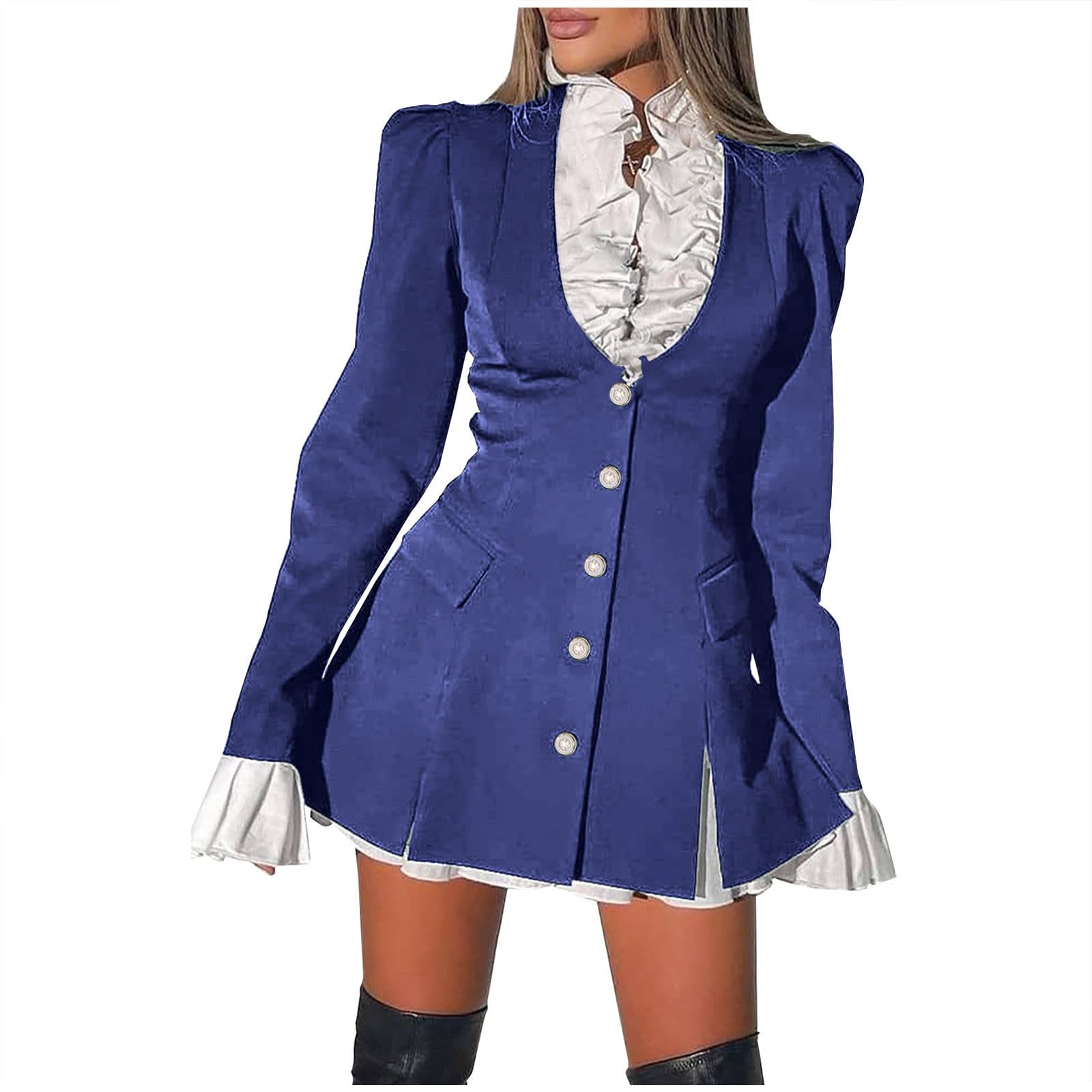 HGps8w Womens Medieval Blazer Dresses Ruffle Lace Uniform Suit Jacket Victorian Pirate Renaissance Frock Coat