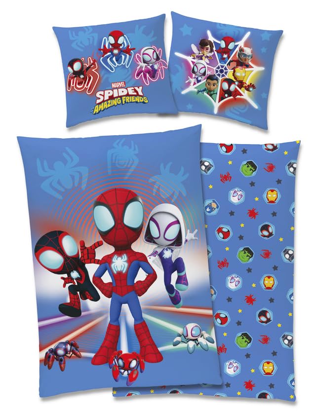 Marvel Spidey & Friends - Juego de cama (80 x 80 cm y 35 x 200 cm, con cremallera)