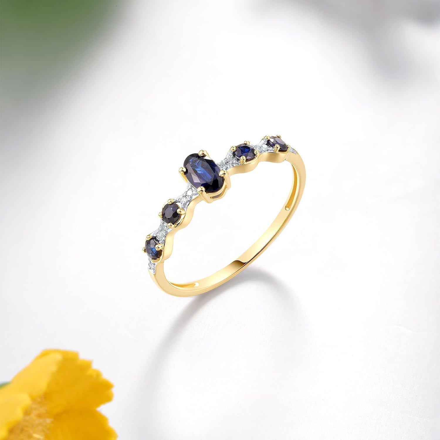 Santuzza 10K Solid Gold Geometric Gemstone Genuine Diamond Dainty Ring for Women