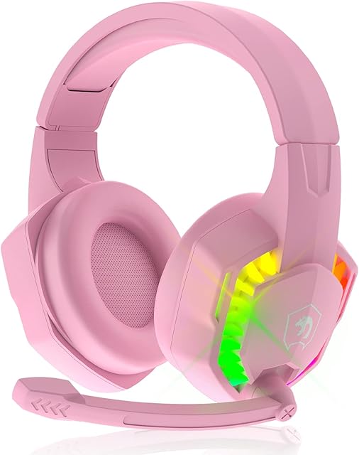 AJAZZ PC Headset, Gaming Headphones with Mic, Usb Gaming Headset Ps4, Backlit LED Headset 3D Surround Sound Noise Canceling Mic, RGB Wired Deep Bass Headset, for PS5, Laptop, Nintendo Switch (Pink)