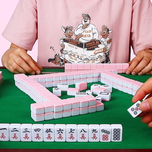 Miniatura 6 de TWBTC Mini juegos chinos de Mahjong rosa de 1.024 in, 144 azulejos de melamina con bolso de viaje portátil, dados, cubierta de mesa, indicador de