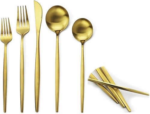 JASHII Juego de cubiertos de acero inoxidable de 20 piezas, juego de utensilios de cocina ligeros para 4, mango plano, juego de cubiertos para el