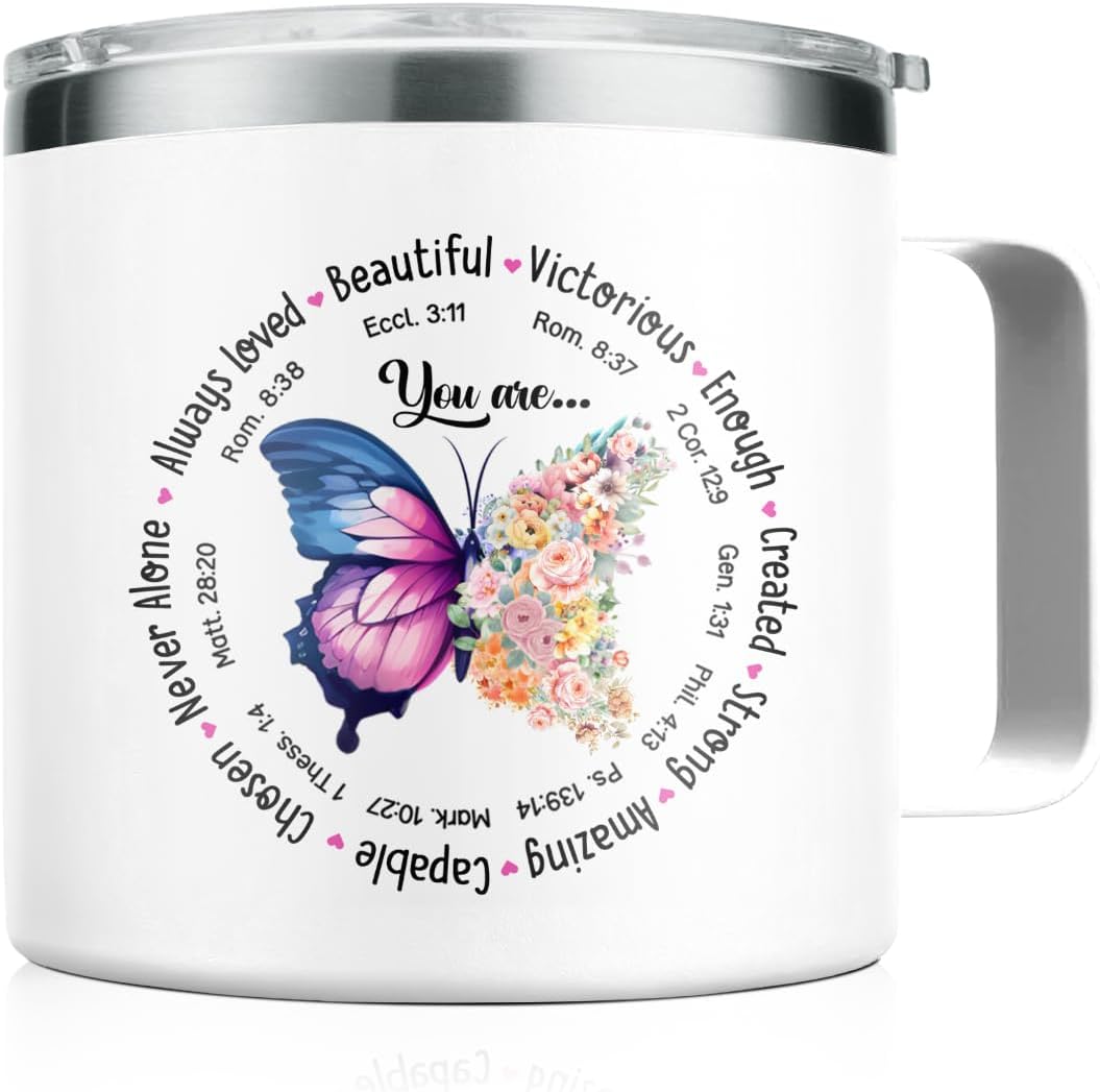 SANDJEST Inspirational Gifts for Women Christian Gift for Friends Sister Mom You Are Beautiful Faith Bible Tumbler 14oz Insulated Coffee Mug with Handle Religious Gift for Birthday Christmas