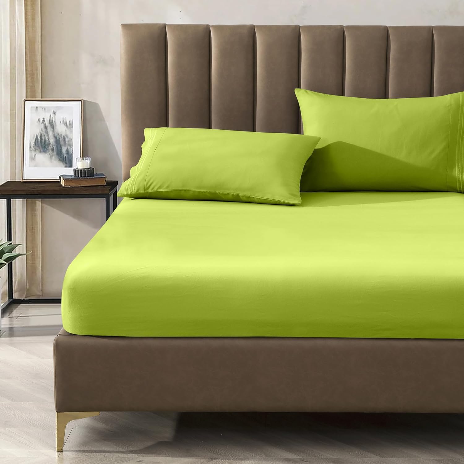 CELINE LINEN Premium 1800 Hotel Quality Wrinkle-Resistant 4-Piece Microfiber Sheet Set - Luxury Ultra Soft and Breathable Bedding 16 Inch Deep Pocket 4PC Sheet Set, King, Lime