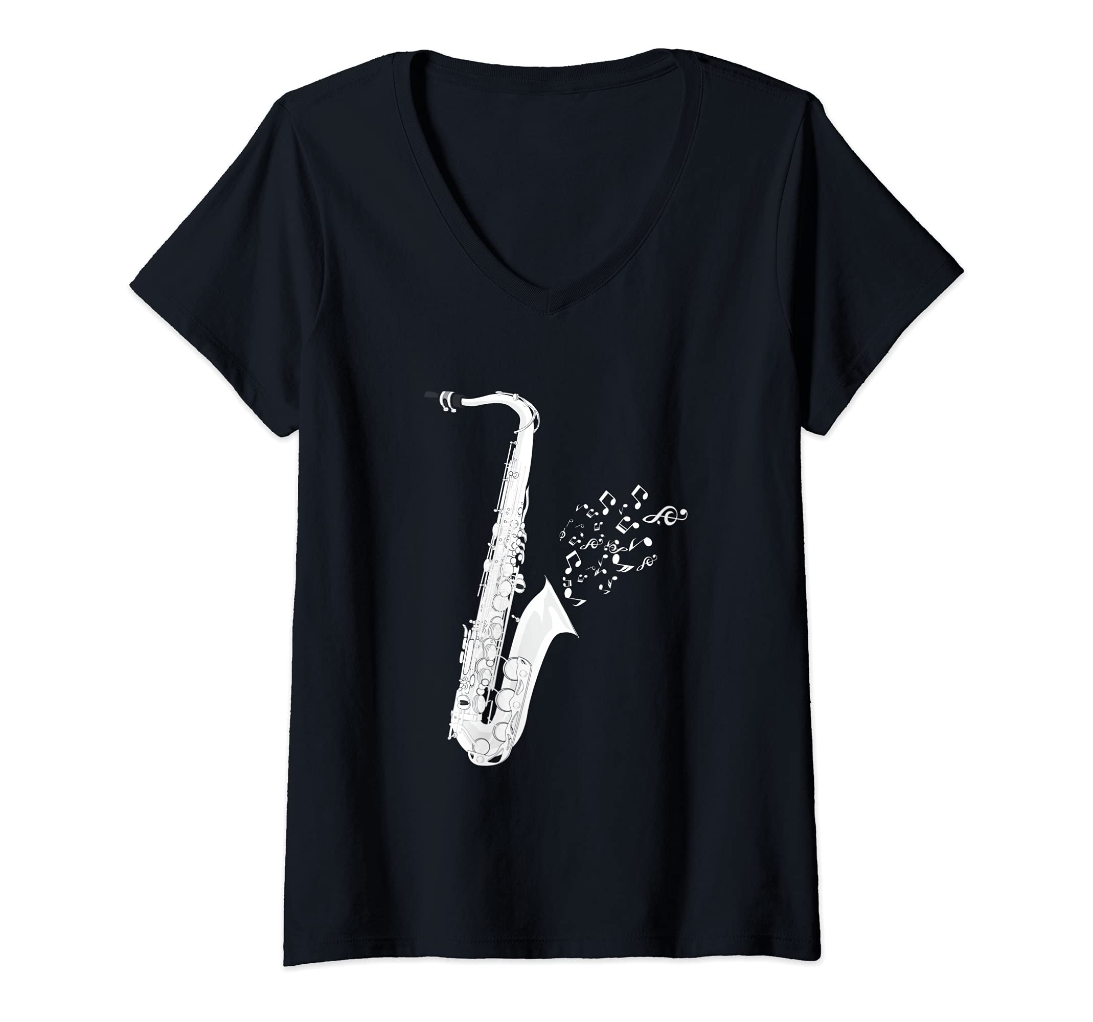 Womens Musical Instrument Sax Player Saxophonist Jazz Saxophone V-Neck T-Shirt, Black