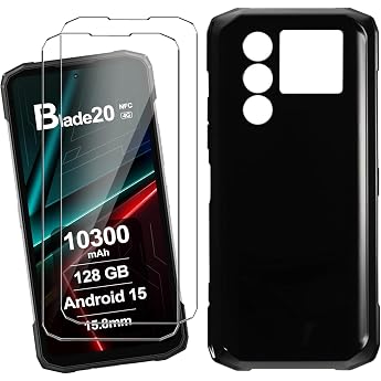 Mobile Phone Case Compatible with Doogee Blade 20/Blade 20 Turbo/Blade 20 Ultra Case Black with 2 Pieces Tempered Glass Screen Protector Soft Black Protective Case Strong Protection Silicone