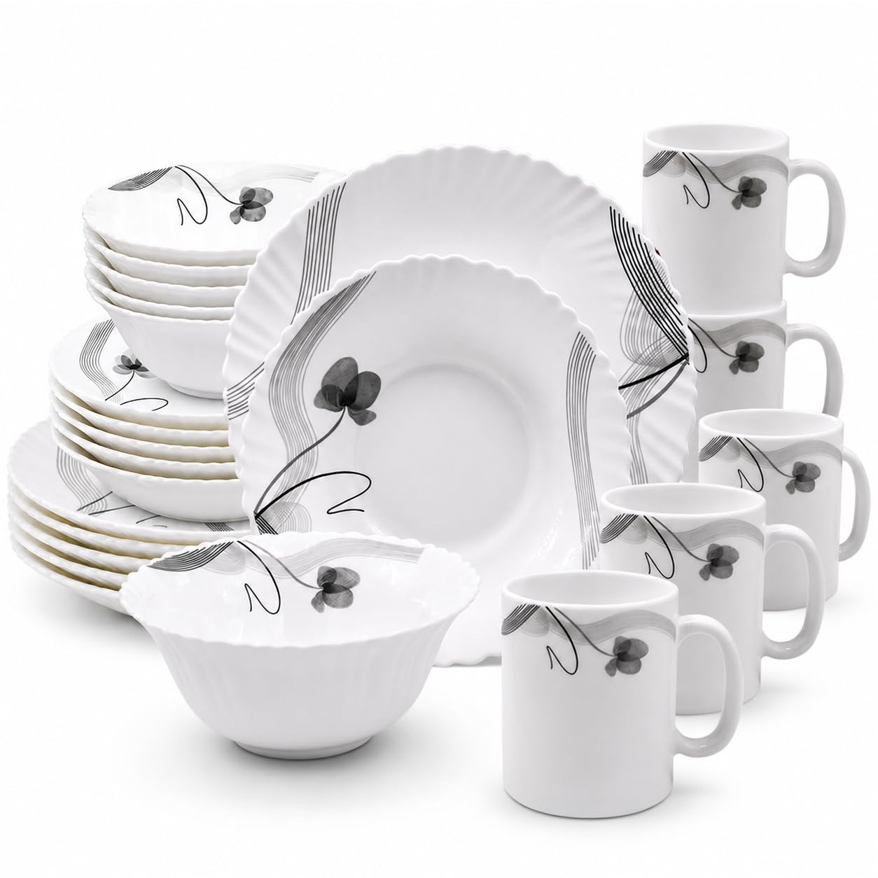 HOMSMYTH 24 Pcs Opal Glass Dinner Set for 6 People, Black Floral Dinnerware Set, 10.5" Dinner Plates, 8.5" Soup Plates, 6" Bowls & 320ml Mugs, Microwave & Dishwasher Safe, White Tableware Set (24 Pcs)