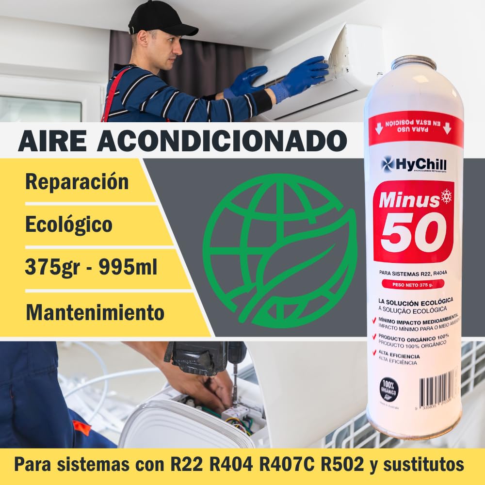 Gas Refrigerante Ecológico Isobutano HyChill Minus 50 – Alternativo Compatible R22 y R404 – Sustituto R407 y R502 – Envase Gas Orgánico (1 BOTELLA + VÁLVULA)