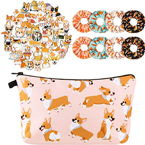 8 Pieces Corgi Dog Hair Scrunchies with Funny Corgi Dogs Makeup Bag and 50 Pieces Welsh Corgi Pembroke Stickers, Elastic Hair Bands Scrunchy Hair Ties Ropes and Cosmetic Bags Organizer for Women Girls