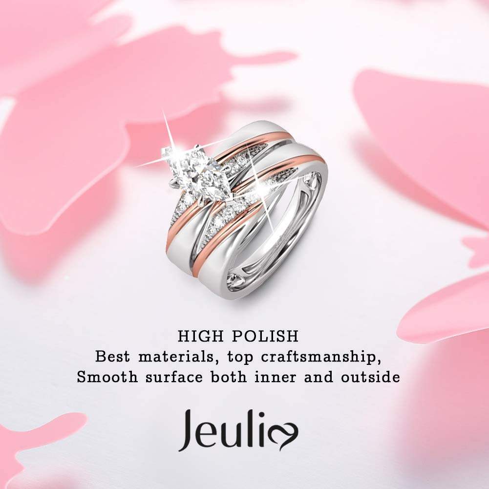 Jeulia 2 Stück Damen Ringe Set Sterling Silber Diagonal Marquise-Schliff Ringe Schmuck für Braut Hochzeit Band Verlobungsring