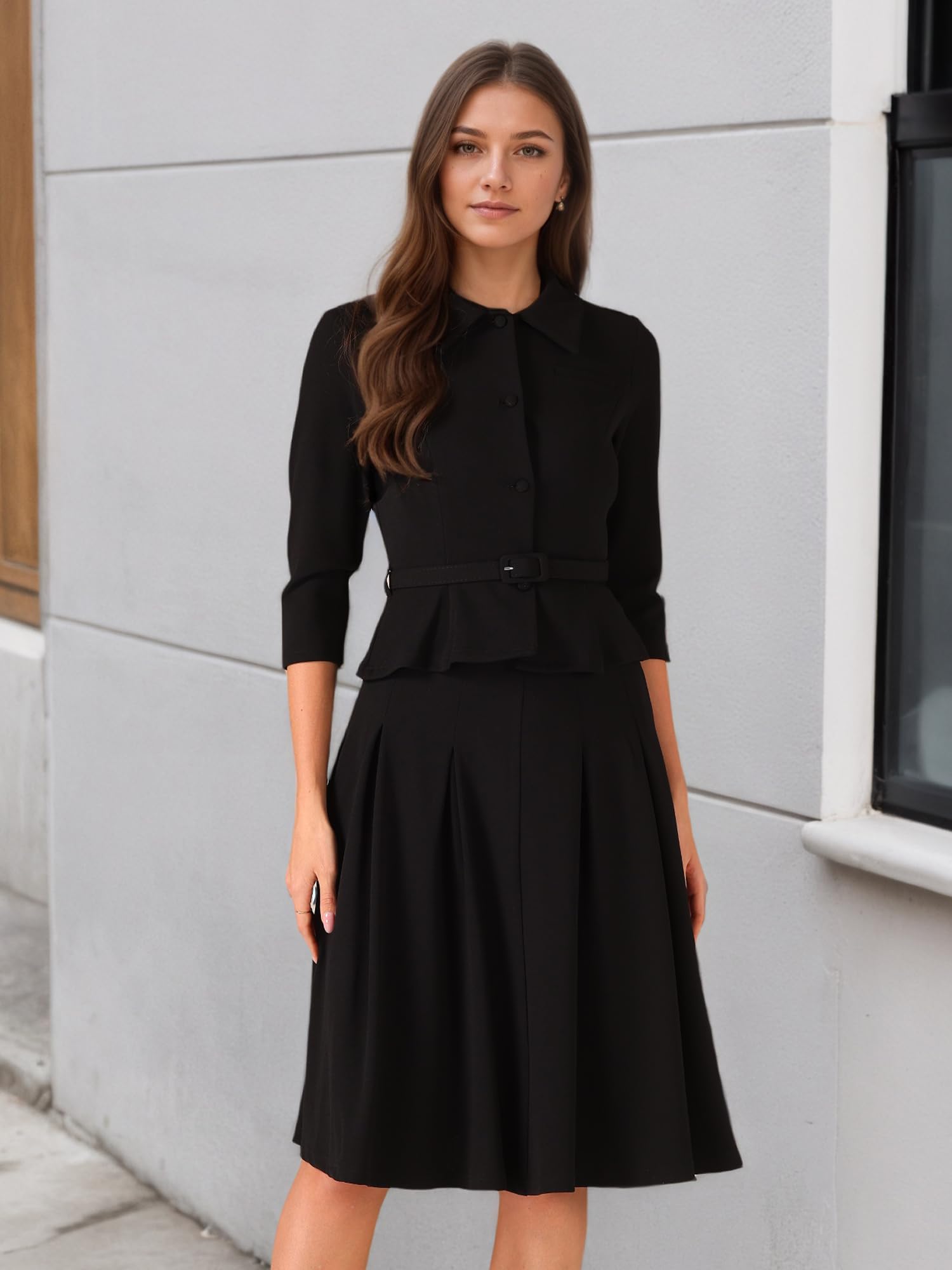 Allegra K Damen Business Rock Anzug Sets 2-Teilige Outfits Büro Langarm Blazer Jacke Faltenröcke